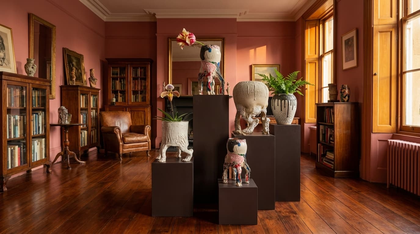Sculpturale keramische objecten op sokkels in een warm wooninterieur met Farrow & Ball muren en mahonie vloeren
