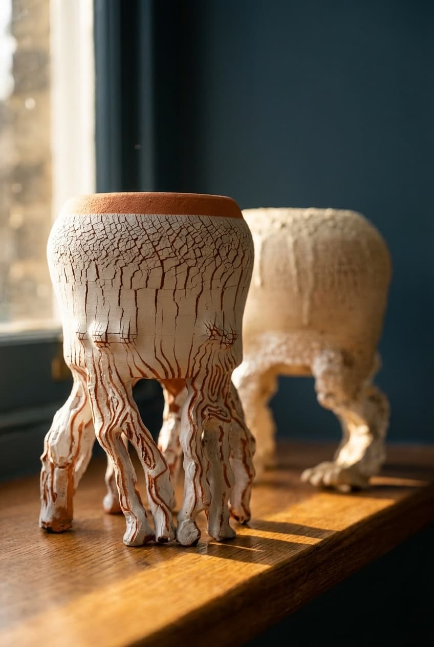 Close-up van sculpturale objecten op marmeren schoorsteenmantel