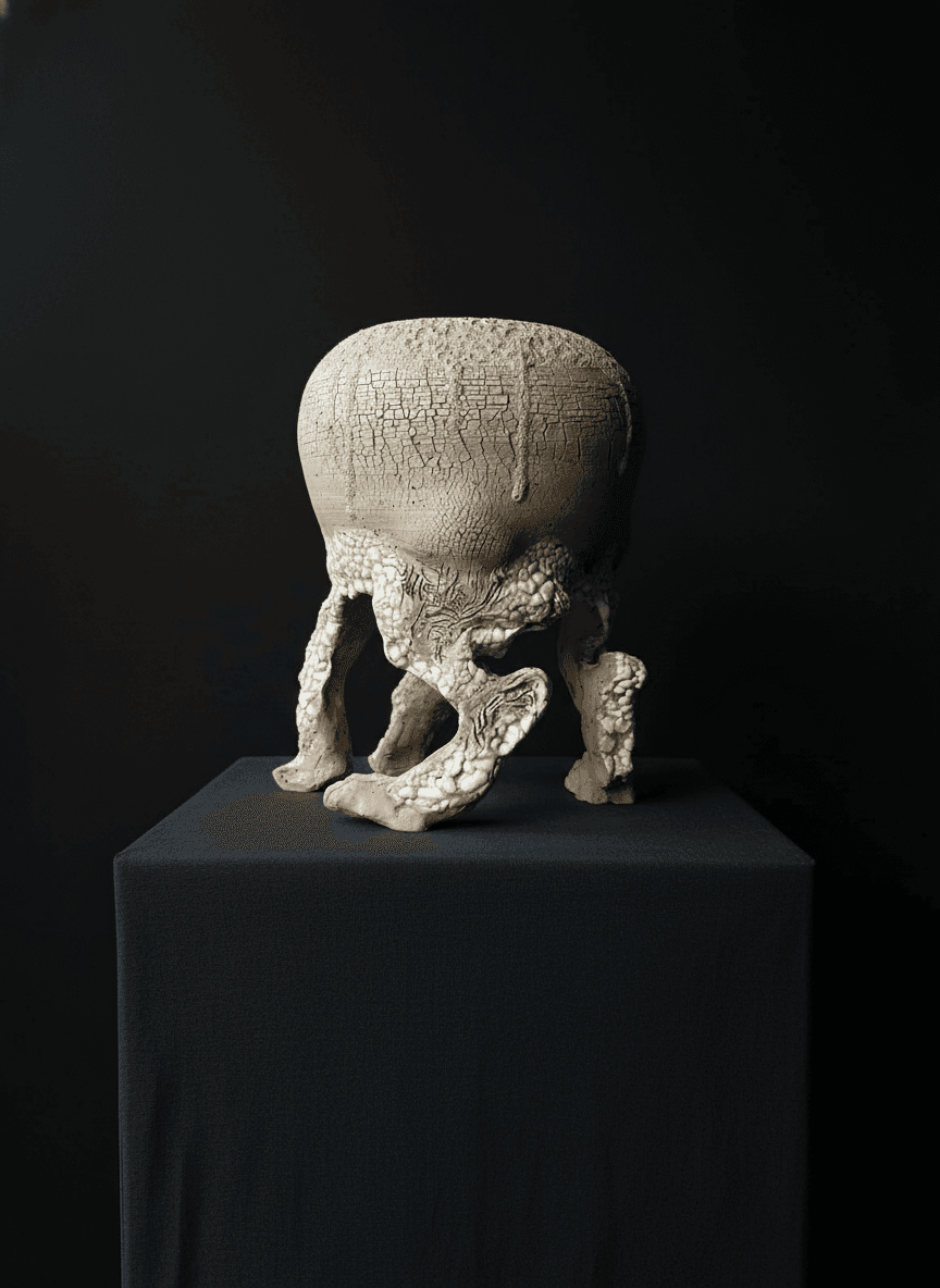 Sculptural crackle vessel with parrot tulip